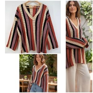 SPLA Boho Open-Knit Striped V-Neck Sweater Cozy meets Boho Crochet Style Sz M-L